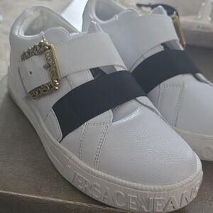 Versace Jeans Collection White Sneakers with Black Strap & Gold Buckle